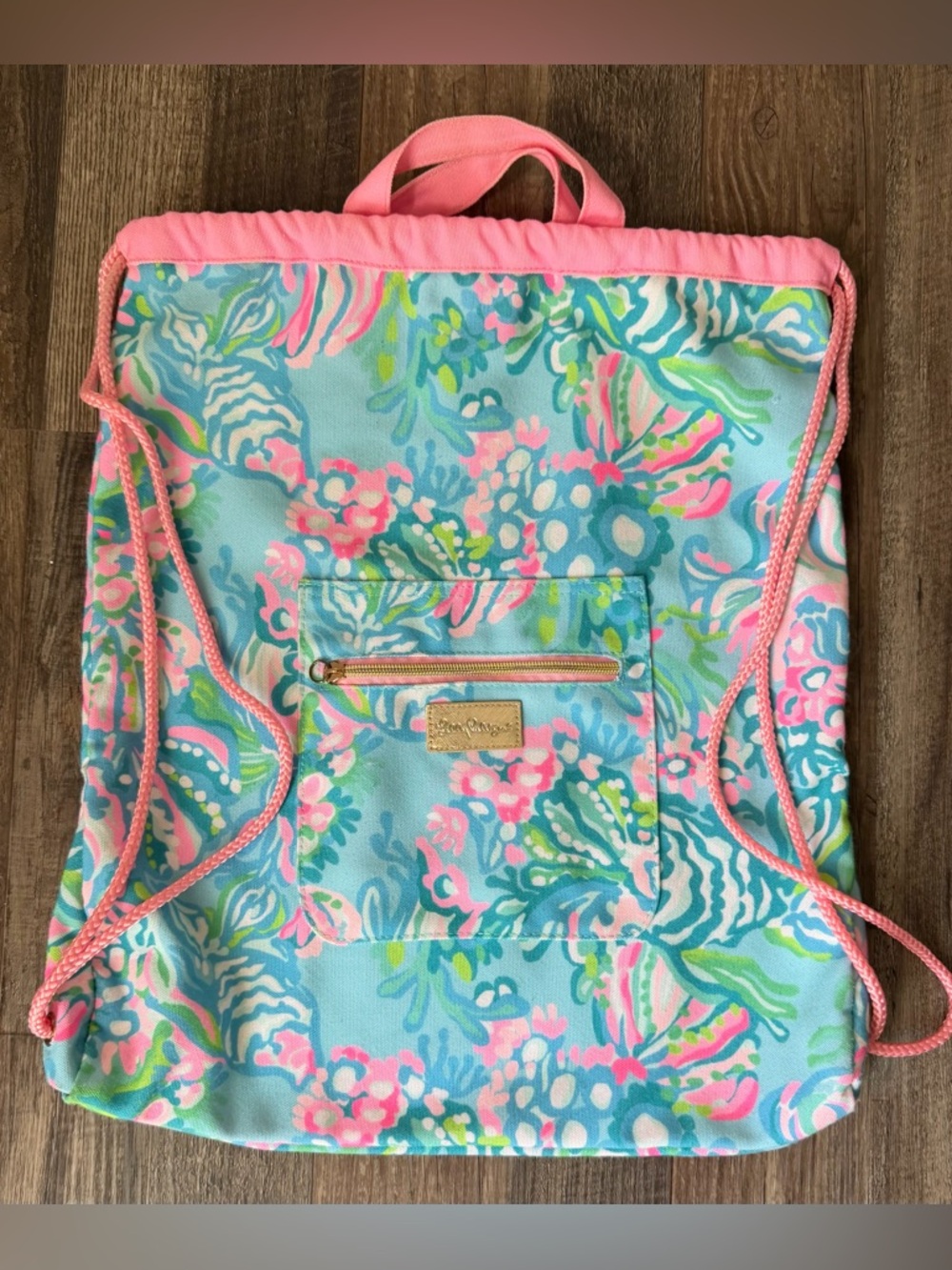 Lilly Pulitzer Blue Ibiza Aqua La Vista Drawstring Canvas Beach Bag/Backpack.